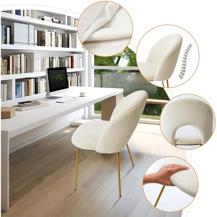 CangLong 2 Schminktischstühle, moderner gepolsterter Sessel für Küche, Esszimmer und Wohnzimmer, Samtstühle mit goldfarbenen Metallbeinen, Beige – Bild 7