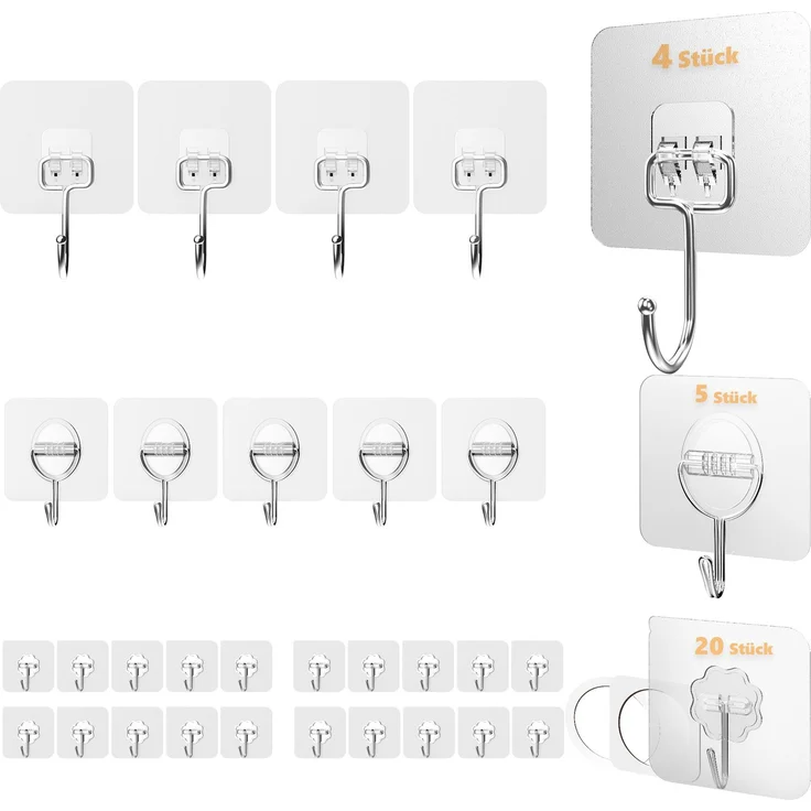 Lindenstein Transparente Klebehaken 29er-Set – selbstklebend, 180° drehbar, für Wand und Decke – Bild 1