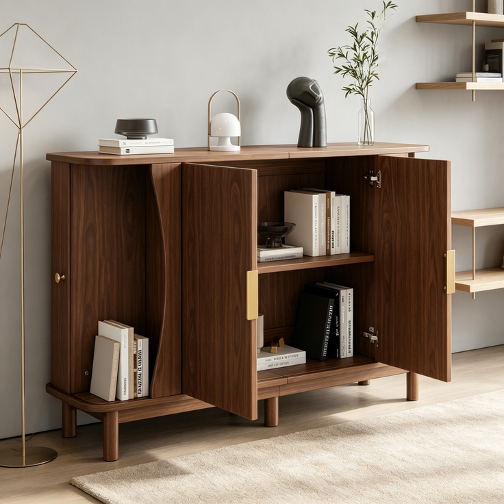 Merax Sideboard 140 x 40 x 88 cm aus MDF, Kommode mit geschwungenen Kanten, 2 Schiebetüren, Stauraumschrank, Walnuss – Bild 7