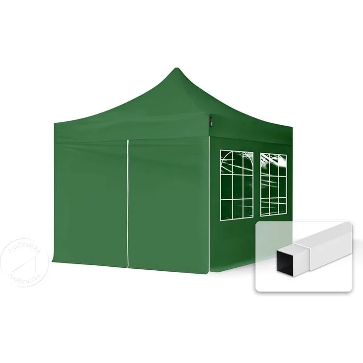 3x3 m Faltpavillon, ECONOMY Stahl 30mm, Seitenteile mit Sprossenfenstern, dunkelgrün