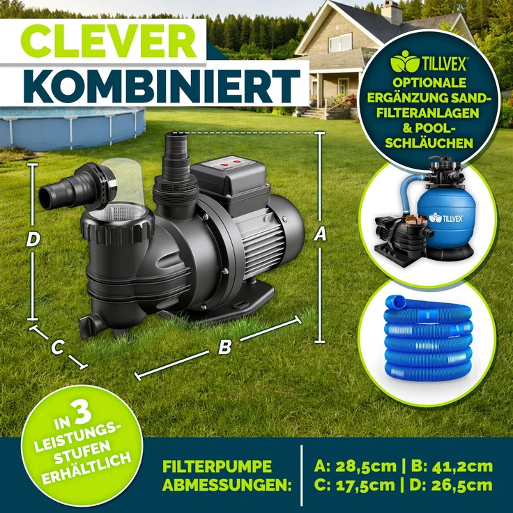 tillvex® Filterpumpe Pool mit Timer 7.000L/h & 250W | Schwimmbadpumpe Förderhöhe max. 7,5m | Poolfilter Umwälzpumpe für 22m³ Pools | Poolpumpe selbstansaugend für Pools Aufstellpool Spa mit Vorfilter – Bild 2
