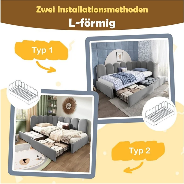 Odikalo Schlafsofa Polsterbett 90x190 Schlafcouch mit Schubladen, mit Schubladen Stauraumbett Samt Daybett Tagesbett Schlafsofa 90x190cm mit Lattenrost Jugendbett und Erwachsene Kinderbett,Grau(Ohne Matratze) – Bild 4