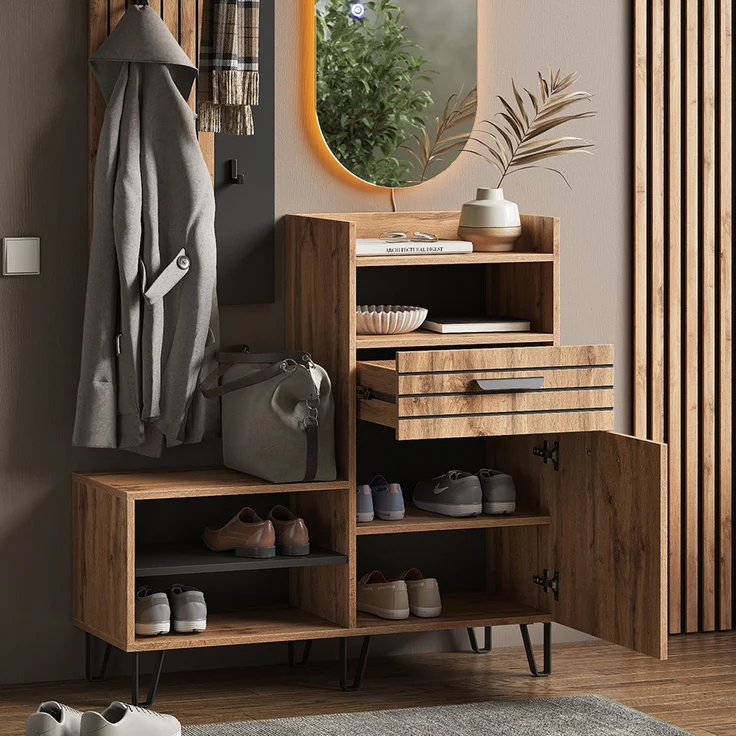 Schuhschrank Amber Eiche Wotan 100 x 100 cm mit Tür und Schublade Vicco – Bild 5