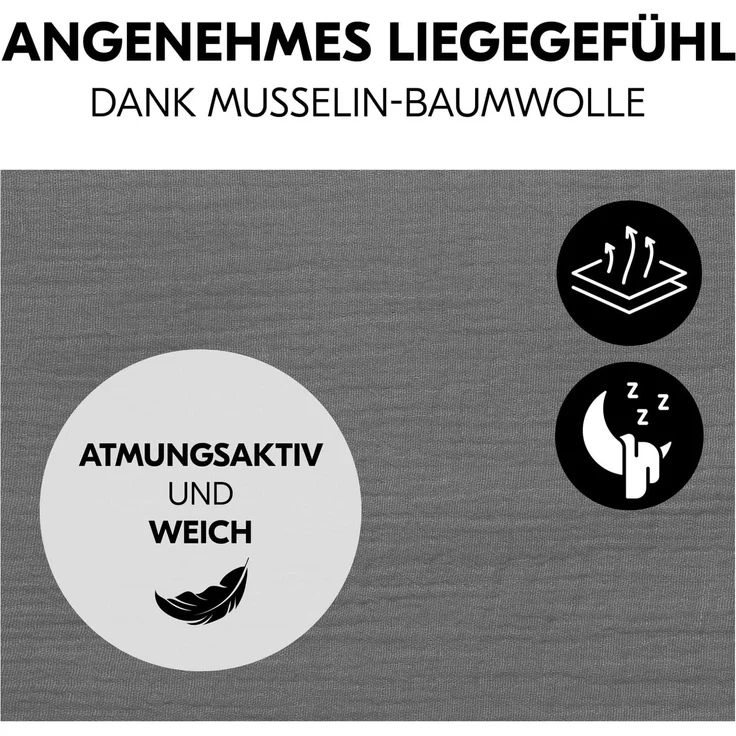 hauck Baby Spannbettlaken 60x120 cm für Reisebettmatratzen, Baby Matratzenbezug Baumwolle Musselin, 60° C Maschinenwäsche, Babybettlaken mit Gummizug (Dark Grey) – Bild 4