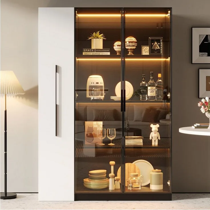 Merax Glasvitrine (2-in-1-Design Multifunktionsschrank Vitrinenschrank, 1-St, 110.5 x 35 x 160 cm) LED-Vitrine mit Glastür & seitlichem Rollregal,Hochschrank Bücherregal