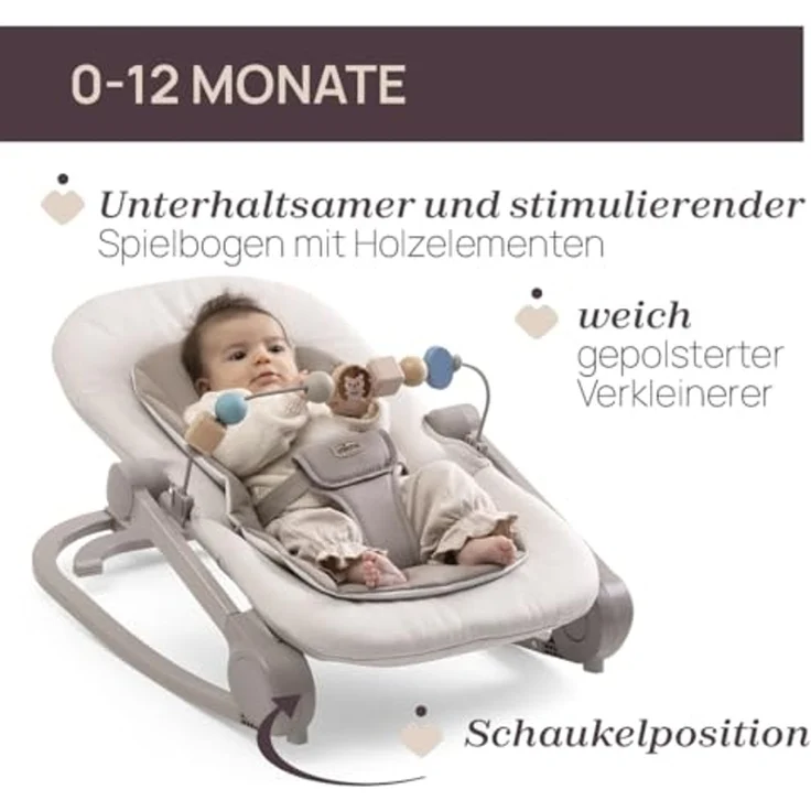 Chicco Wippe Magia 2-in-1: Babywippe und erster Sitz bis 18 kg, Spielbügel mit Holzelementen, Mini-Sitzverkleinerer inklusive, Schaukel- oder feste Position und verstellbare Rückenlehne – Bild 2