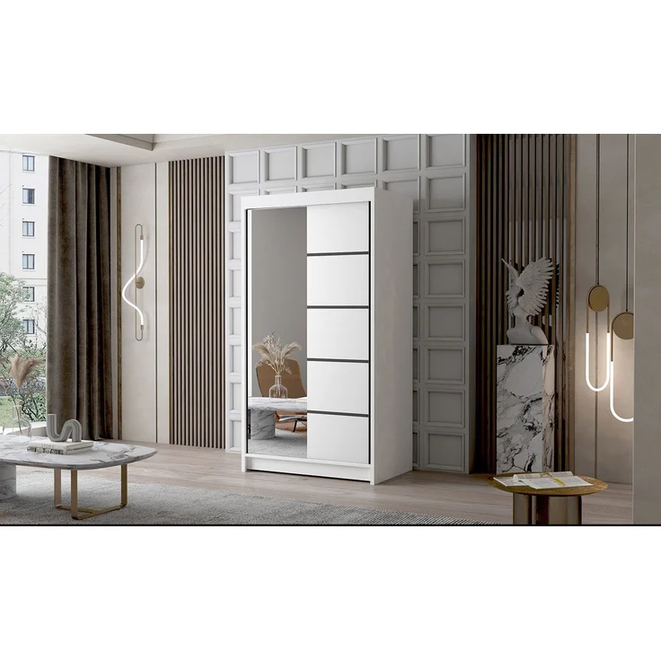 Schwebetürenschrank Letto III 100 cm mit Spiegel - Kleiderschrank, Schiebetürenschrank mit Kleiderstange und Einlegeboden, Schlafzimmerschrank, Schiebetüren - 100x200x58 cm (Weiß) – Bild 4