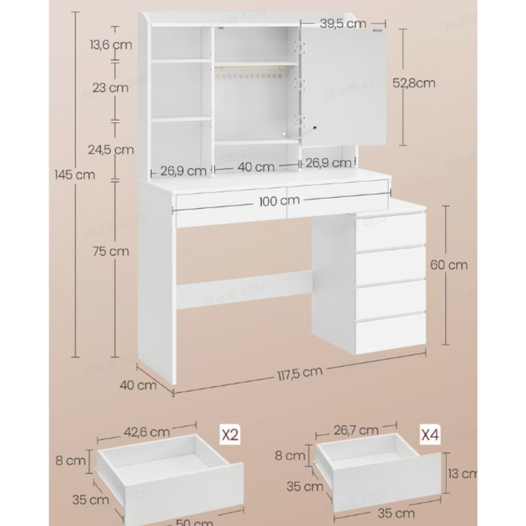 VASAGLE Schminktisch mit LED-Beleuchtung, einstellbare Helligkeit, Frisiertisch mit Spiegel, Kosmetiktisch mit Schubladen, offenen Fächern, verstellbaren Ablagen, modern,97. 5cm,wolkenweiß von SONGMICS – Bild 6