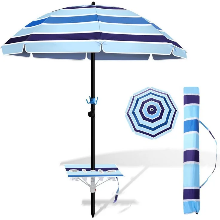 Clanmacy Sonnenschirm ∅210 cm, Strandschirm, Sonnenschutz UPF 50+, Ablagefläche, 1 x Sonnenschirm,1 x Klapptisch,1 x Haken,1 x Tragetasche, 2-in-1 Sonnenschirm und Strandschirm, Schirm höhenverstellbar,für Garten, Balkon,Terasse/Sonnenschutz UV50+