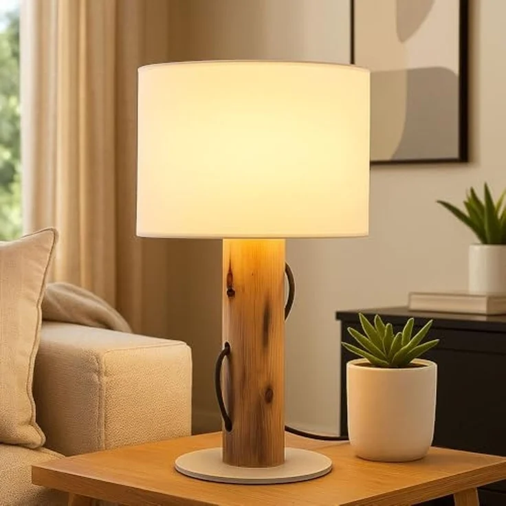 LED Tischleuchte, Holz braun, Schirm weiß, E14, H 32 cm – Bild 3