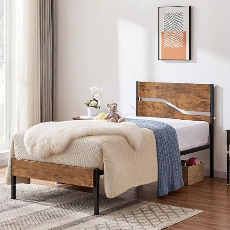 VECELO Bettgestell 90x200 cm Bettrahmen aus Metall mit Lattenrost, Einzelbett Metallbett mit Dick Holzkopfteil, Vintage Gästebett Jugendbett, Perfekt für Schlafzimmer, Braun – Bild 8