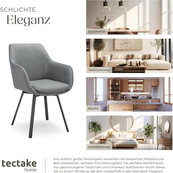 tectake Esszimmerstuhl Drehbarer Armlehnstuhl (4er Set, 4 St), gepolstert – Bild 7