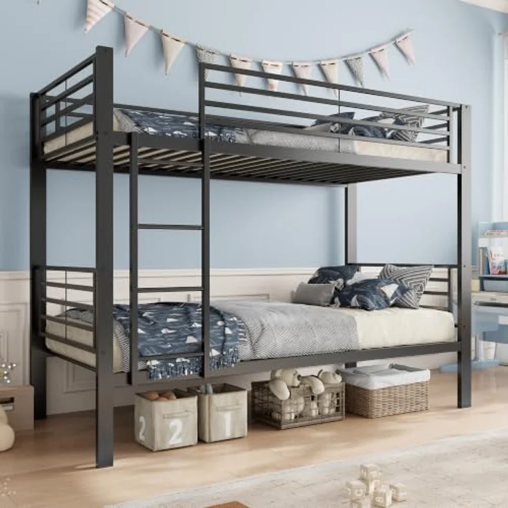FAVSH Etagenbett 90x200 cm aus Metall, Hochbett mit Rausfallschutz und Leiter, Geräuscharmes Doppelbett, rutschfest, für Jugendliche und Erwachsene, WG & Ferienwohnung, Schwarz C – Bild 7