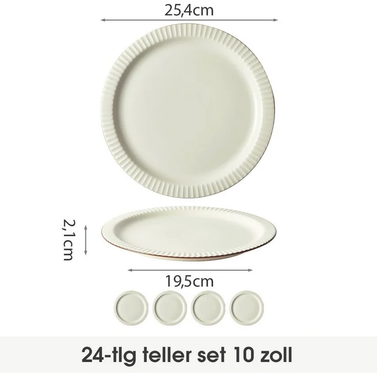 JIWOO Teller 4er Ø25,4cm, Steakteller Salatteller Pastateller Dessertteller Plate, (24 St), Keramik Hochwertiges Tellerset Weiß Mikrowellen spülmaschinenfest – Bild 2