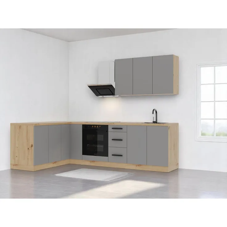 XXXL Winkelküche, Beige, L-Form, Holz, 270x212x170 cm, Eckküche ohne Geräte, Matt-Oberfläche, 7 Teile