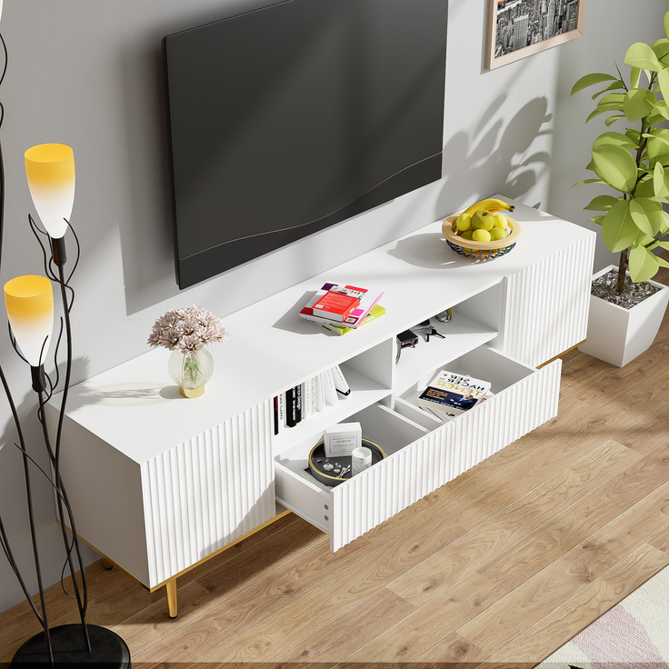 TV-Schrank 165 cm Weiß mit Gold, Lowboard Sideboard Wohnzimmerschrank, 2 Schubladen, 2 offene Fächer