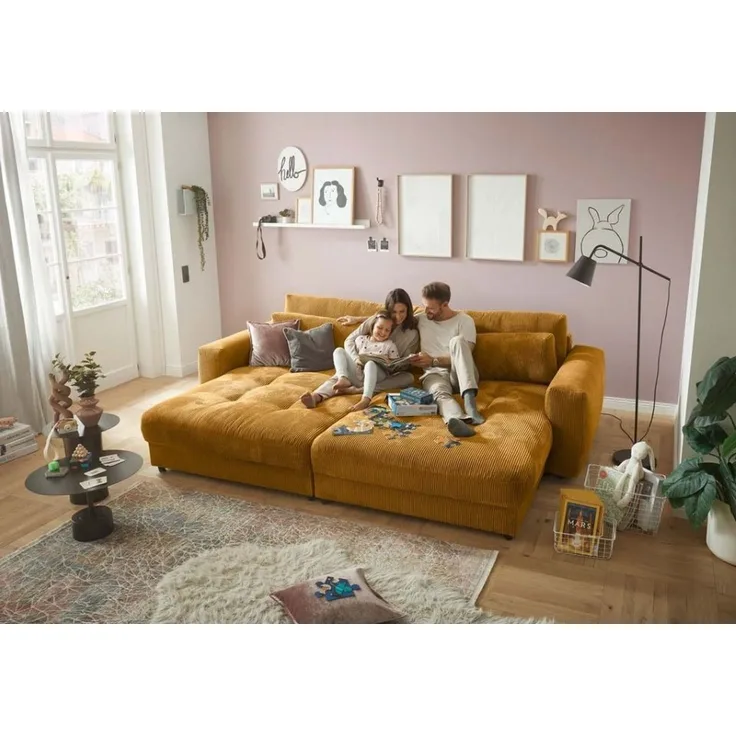 Ed exciting Design 'Barura' Big-Sofa, Rückenkissen, Nierenkissen, frei im Raum stellbar, Cord Bezug, Gelb, 194 x 292 x 90 cm (L x B x H)