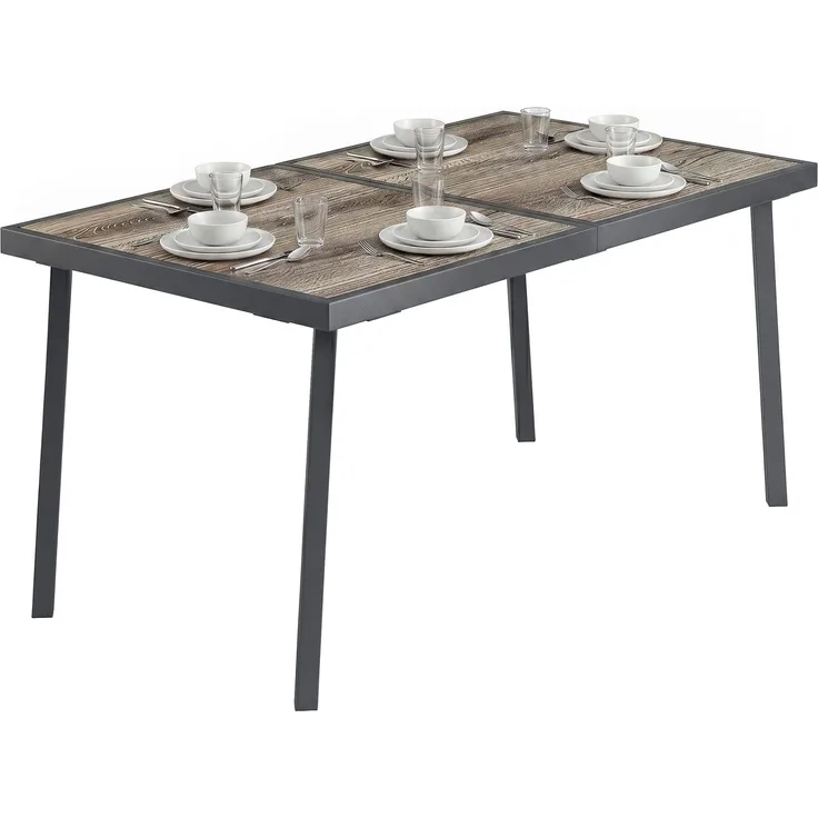 Rechteckiger Gartentisch für 6 Personen mit Tischplatte in Holzoptik, aus Stahl und PSPC, 145 x 85 x 72 cm, grau