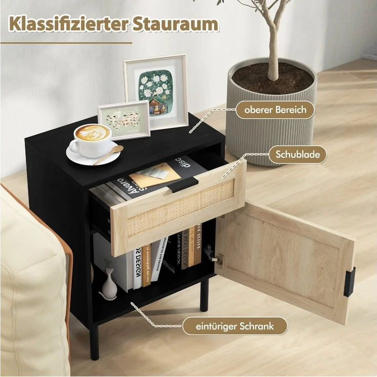 COSTWAY Nachttisch (2-St), Rattan Beistelltisch, Sofatisch, mit Schublade & Schrank – Bild 3
