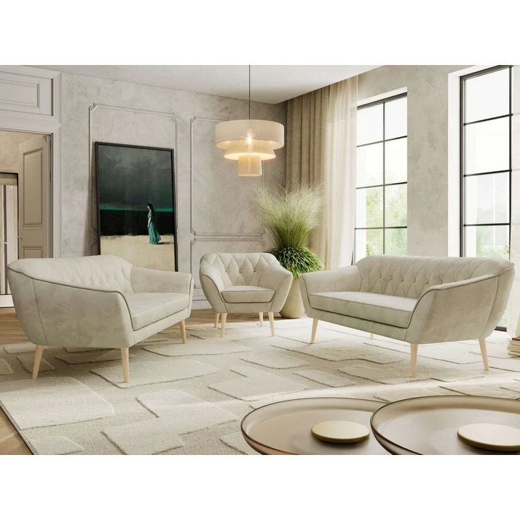 Wohnzimmerset, Möbelset PIRS 3-3-1, Armlehnen, Wellenfederung, Buche Füße, Dreisitzer Sofas mit Sessel, Polstermöbel Set - Beige Velvet – Bild 1