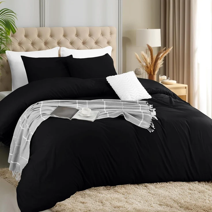 Utopia Bedding Bettbezug-Set mit Kissenbezügen – 3-teiliges Bettbezug-Set mit Reißverschluss – 1 Bettbezug mit 2 Kissenbezügen – Weiches, gebürstetes Mikrofaser (Queen, Schwarz) – Bild 1