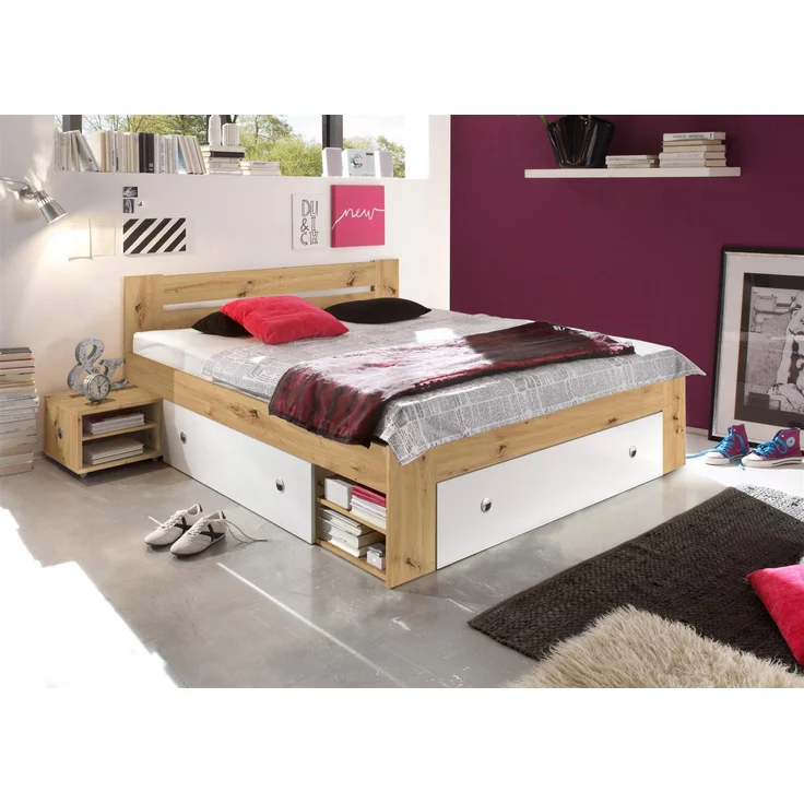 Stauraumbett >Robina< in Artisan Eiche Nachbildung / Weiß - 145x86x204cm (BxHxT) – Bild 1