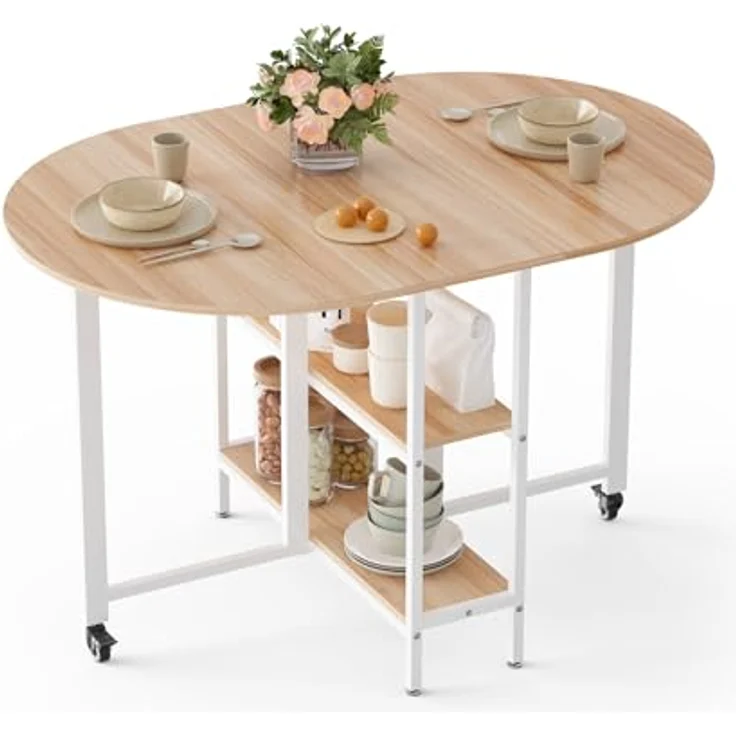 Mondeer Mobiler Klappbarer Esstisch, Klapptisch mit 2 Offenen Ablagen, Rundes Kanten Design, Kleine Räume Esszimmer Küche, 120 x 80 x 75 cm, Eiche und Weiß – Bild 1