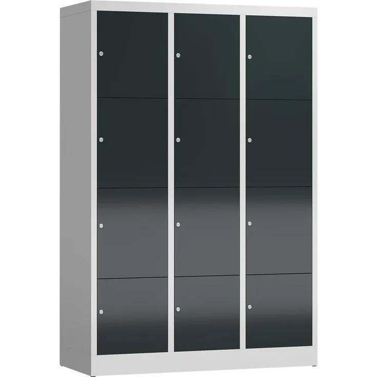ClassiX Schließfachschrank, 3 Abteile à 4 Fächer, 1800 x 1200 x 500 mm, lichtgrau/anthrazitgrau