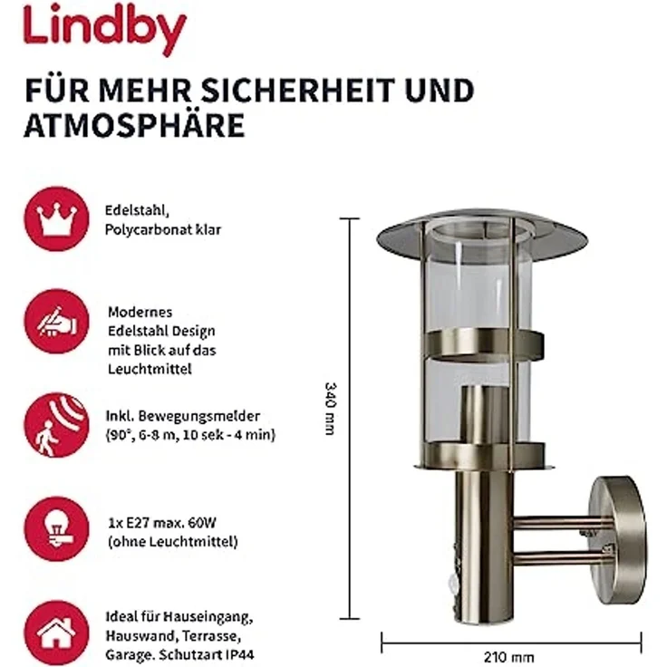 Lindby Außen-Wandleuchte Noemi, Edelstahl Alu IP44mit Bewegungsmelder, 1 x 60 W – Bild 2