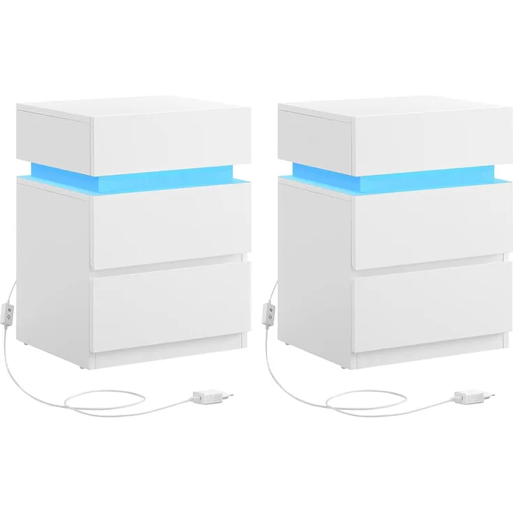Vasagle Nachttisch mit LED-Beleuchtung, einstellbare Farben, 3 Schubladen, weiß, 35 x 40 x 55 cm