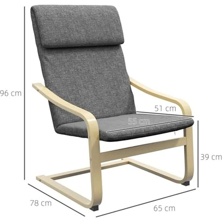 HOMCOM Relaxsessel, Ruhesessel, Relaxstuhl mit Leinenoptik, Schwingstuhl, Esszimmerstuhl mit Kopfkissen für Wohnzimmer, Birkenholz 66,5 x 80 x 99 cm, Dunkelgrau – Bild 3