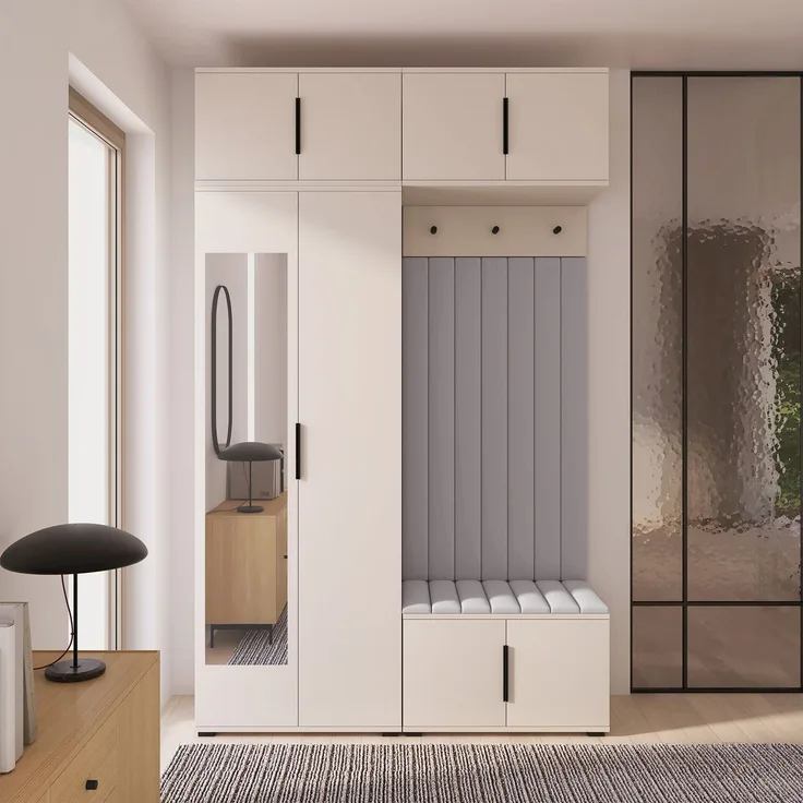 Garderoben-Set Napoli Version 11: Kleiderschrank mit Polsterpaneelen, Schuhschrank und Schrankaufsatz Flur und Eingangsbereich (Cashmere/Trinity 32), 229 x 40 x 140 cm