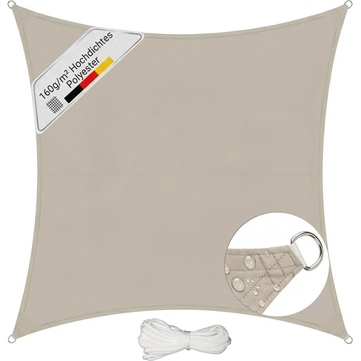 Sunula Sonnensegel Wasserdicht 4x4 m Quadratisch – hochdichtes PES 160g/m², mit umlaufendem Gurtband & Edelstahl-Ringen, Nahtversiegelung & bis zu 95% UV-Schutz, für Balkon Terrasse Garten, Taupe – Bild 1