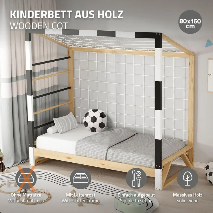 ML-DESIGN Spielbett Kinderbett Fußballtor Holzbett mit Lattenrost Kletterleiter & Netz, Handballtor Abenteuerbett 80x160cm Natur für Kinder aus Kiefernholz – Bild 2