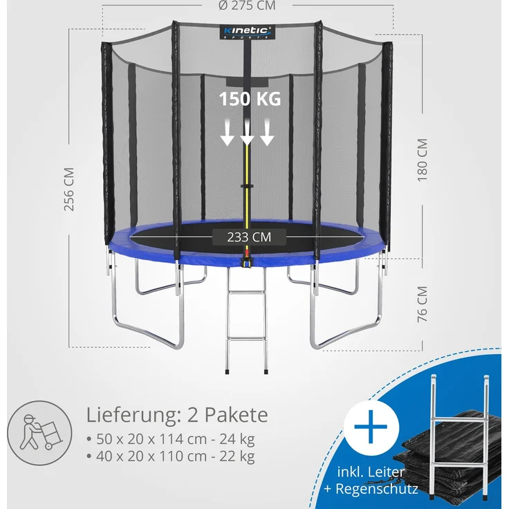 KINETIC SPORTS Trampolin Outdoor 'Salto Plus' - Komplett-Set für Kinder, USA Sprungtuch, Netz, Randpolster, Leiter, Blau-4, Ø 275 cm – Bild 7