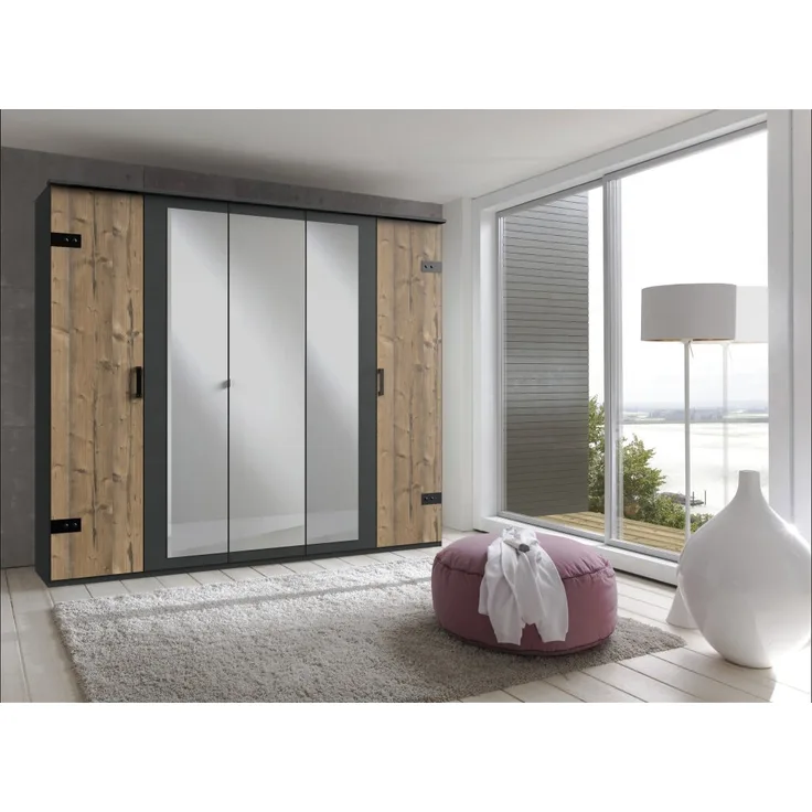 Kleiderschrank STOCKHOLM 225cm 5türig Spiegel grau braun Weißtanne