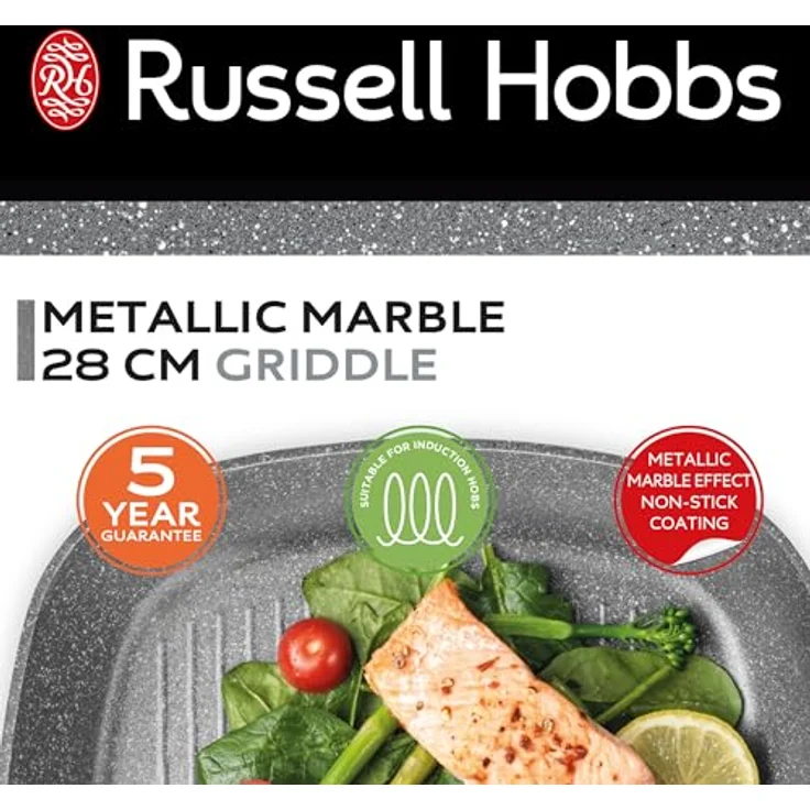 Russell Hobbs RH02813EU7 Metalllic Marble Grillpfanne - Antihaftpfanne, 28cm Universal Bratpfanne, Grillen, Anbraten, Induktionskochfeld geeignet, Kochen mit wenig bis kein Öl für gesunde Mahlzeiten – Bild 4
