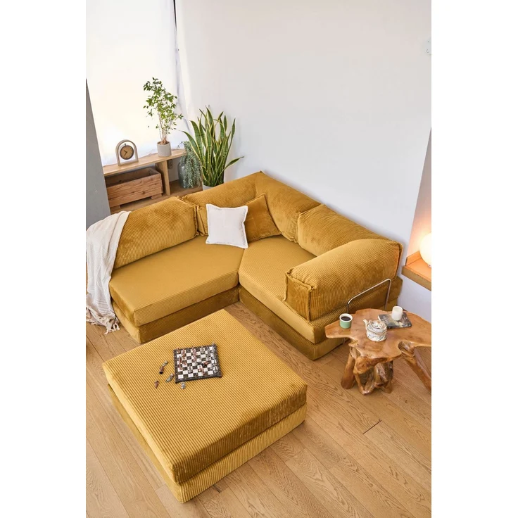 Ecksofa mit Schlaffunktion, 300 cm, Senfgelb | 100% Gerippter Plüschstoff, Abnehmbarer Bezug, 4 Kissen inklusive | Pfotenfreundlich & Stilvoll – Bild 3