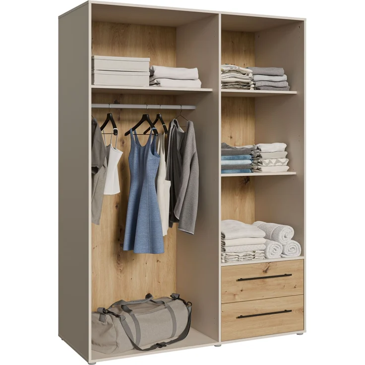 Drehtürenschrank >MOKKARIS< 2 Schübe, Sandfarben/ Artisan Eiche Dekor - 144,4x200,1x58,8cm (BxHxT) – Bild 6