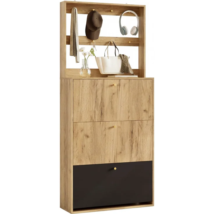 ZUBALIYA Schuhschrank (75 x 24 x 180 cm), Haken zur Aufbewahrung, Aus Spanplatte, Stauraum für Flur und Eingangsbereich, Schwarz / Naturfarben – Bild 10