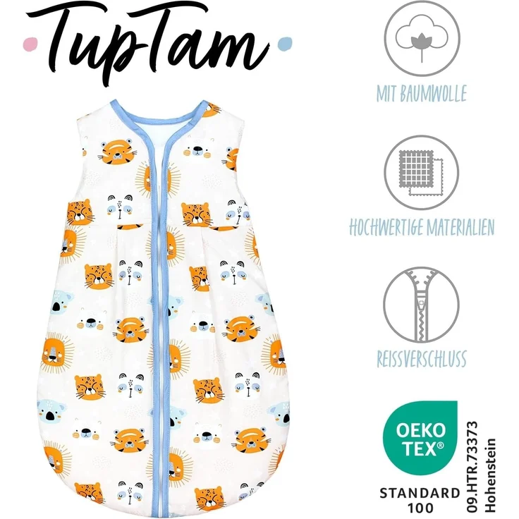 TupTam Ganzjahresschlafsack 2.5 TOG wattiert ärmellos Baby Schlafsack OEKO-TEX, Farbe: Tierköpfe Orange Blau Weiß, Größe: 56-62 – Bild 2