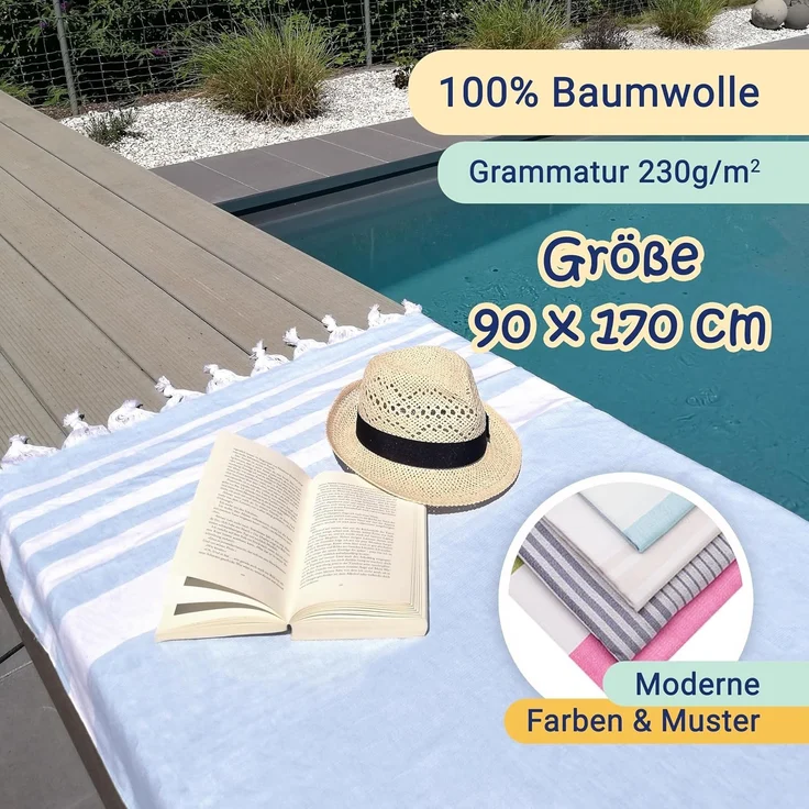 ZOLLNER Hamamtuch mit Fransen, Baumwolle, 90x170 cm, hellblau-weiß-gestreift – Bild 4