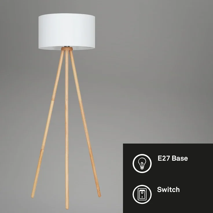 Briloner Leuchten Stehlampe 1379016 Floor, ohne Leuchtmittel, Warmweiß, Holz Stativ, Stoffschirm, inkl. Kabelschalter, exkl. 1x E27 max. 60 W – Bild 6