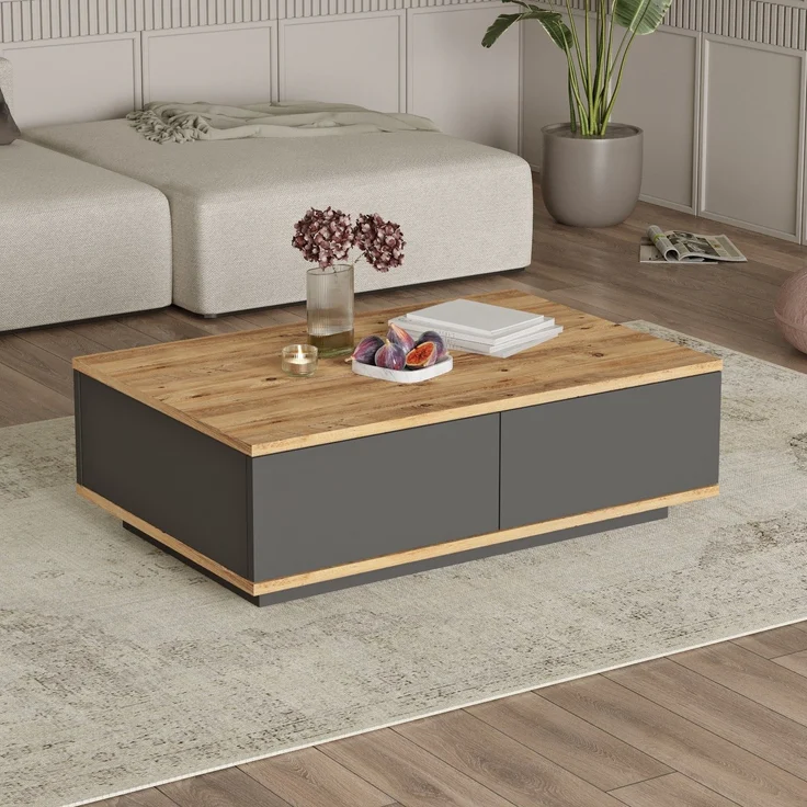 Calicosy Couchtisch mit 2 Klapptüren in Kiefer-Dekor und Anthrazitgrau L90 cm - Anthrazitgrau – Bild 2