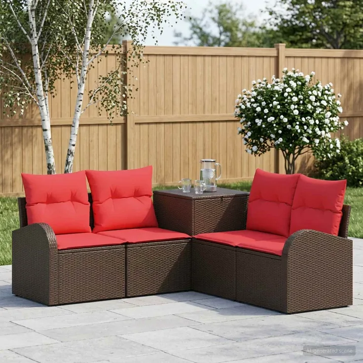 vidaXL Sofa Set 5 stk. Braun und Rot Polyrattan und Stahl 3447775