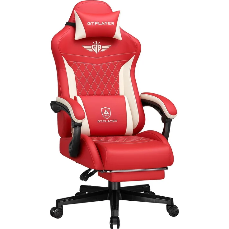 GTPLAYER Gaming Stuhl, Ergonomischer Gamer Stuhl aus PU-Leder mit Lendenwirbelstütze, PC-Stuhl mit verbreiterter Rückenlehne, Belastbar bis 150 kg, Rot