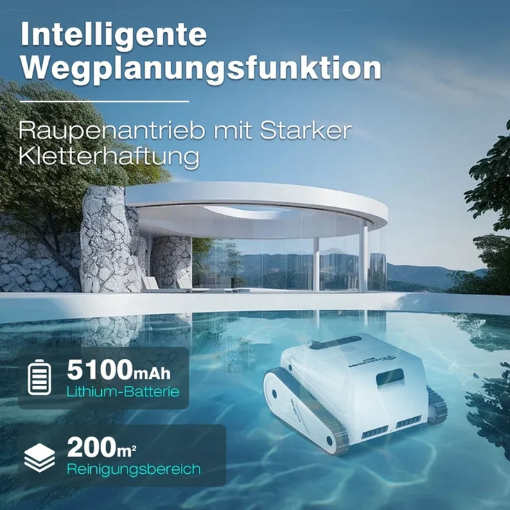 EVERCROSS BOT U8 Poolroboter Wand und Boden, Intelligenter Navigation, 120 Min Akkulaufzeit, Kabellos Poolsauger bis 200m² Pools (Weiß) – Bild 4