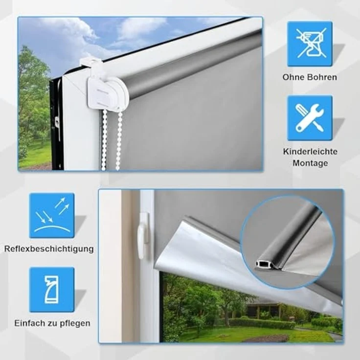Verdunklungsrollo ohne Bohren Rollos für Fenster B70 x H170 cm (Stoffbreite 65cm) Hellgrau Thermo Rollo Klemmfix Verdunkelungsrollo Seitenzugrollo Sicht-und Sonnenschutz Wandmontage – Bild 3