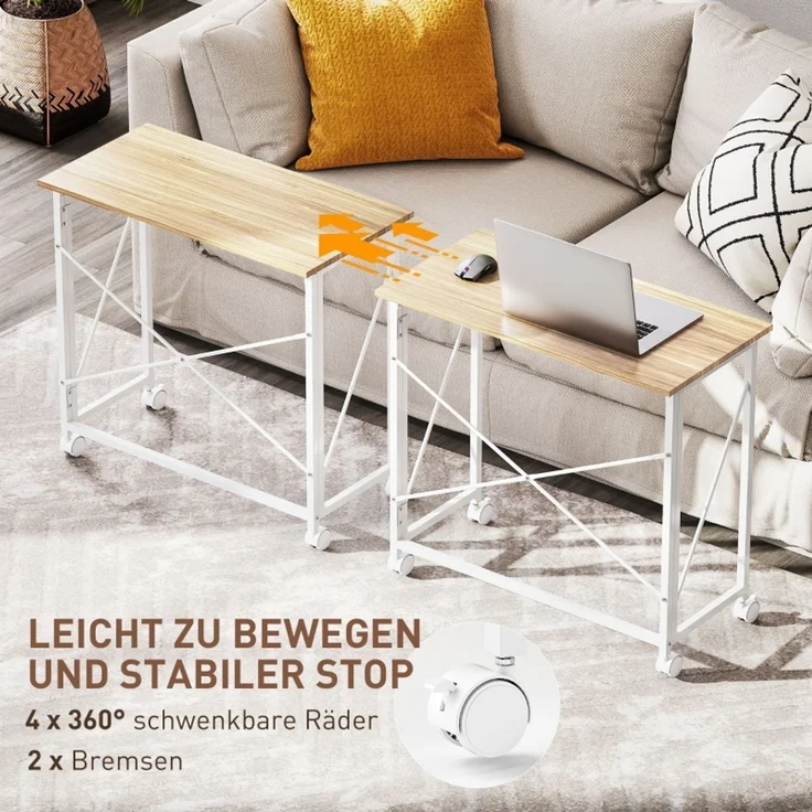 Klappbarer Schreibtisch mit Rädern, platzsparend, Stahl, MDF, Natur--Naturholz--80x40x75cm--YOUDENOVA – Bild 5