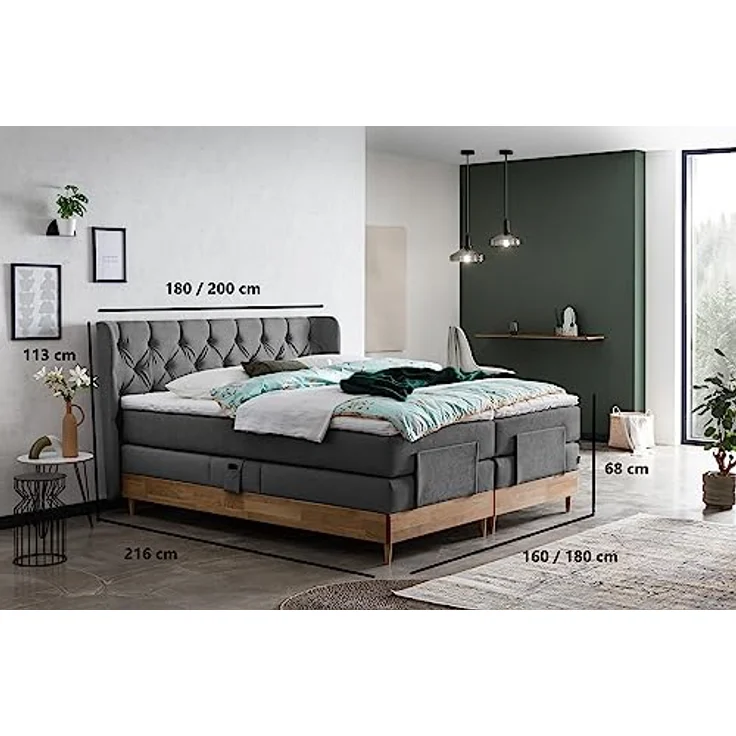 Belanoti Boxspringbett EON (Boxspringbett 180x200 elektrisch verstellbar Bett 180x200 mit Motor, 7-Zonen Taschenfederkern Matratze inklusive Visco Topper), in der Farbe Anthrazit H2/H3 Polsterbett Motorbett mit Eiche – Bild 6